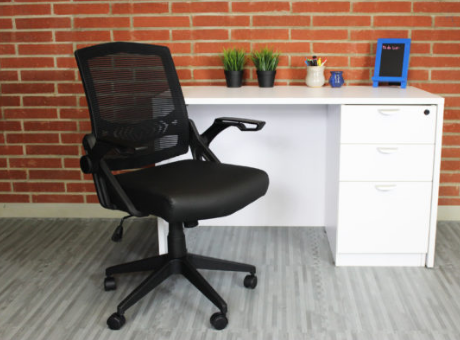 Black Flip Arm Mesh Task Chair. Office Furniture located in Mission Viejo, Orange County, CA 33.619850, -177.680500