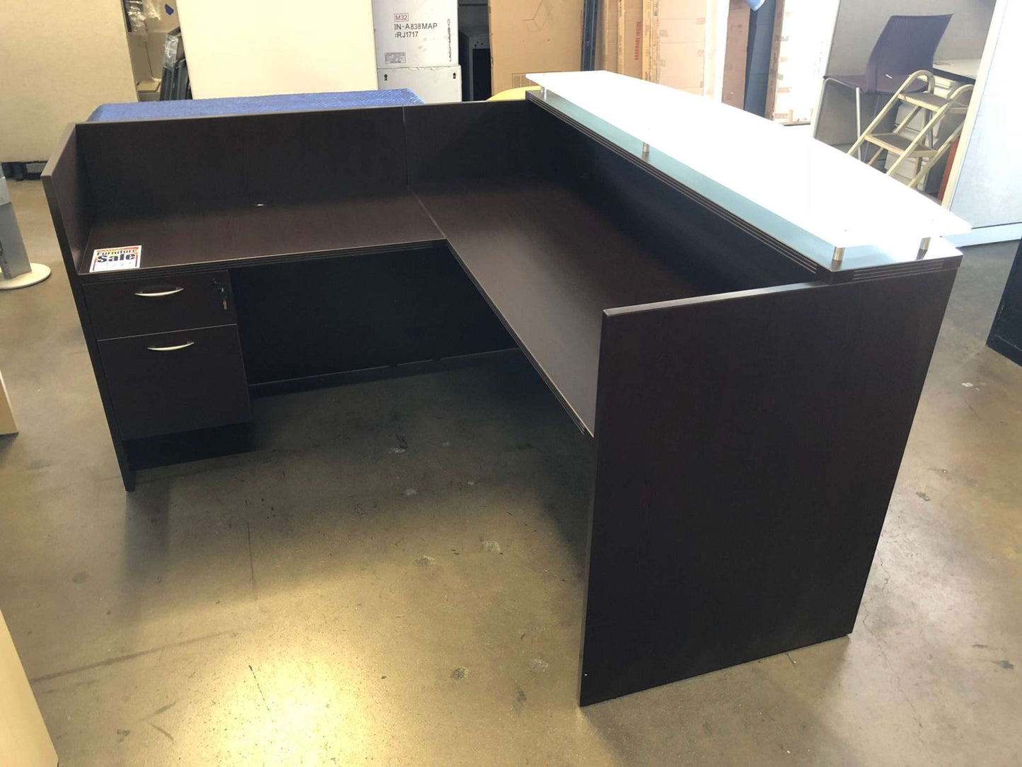 Reception Desk with Floating Glass Transaction Counter. Office Furniture located in Mission Viejo, Orange County, CA 33.619850, -177.680500