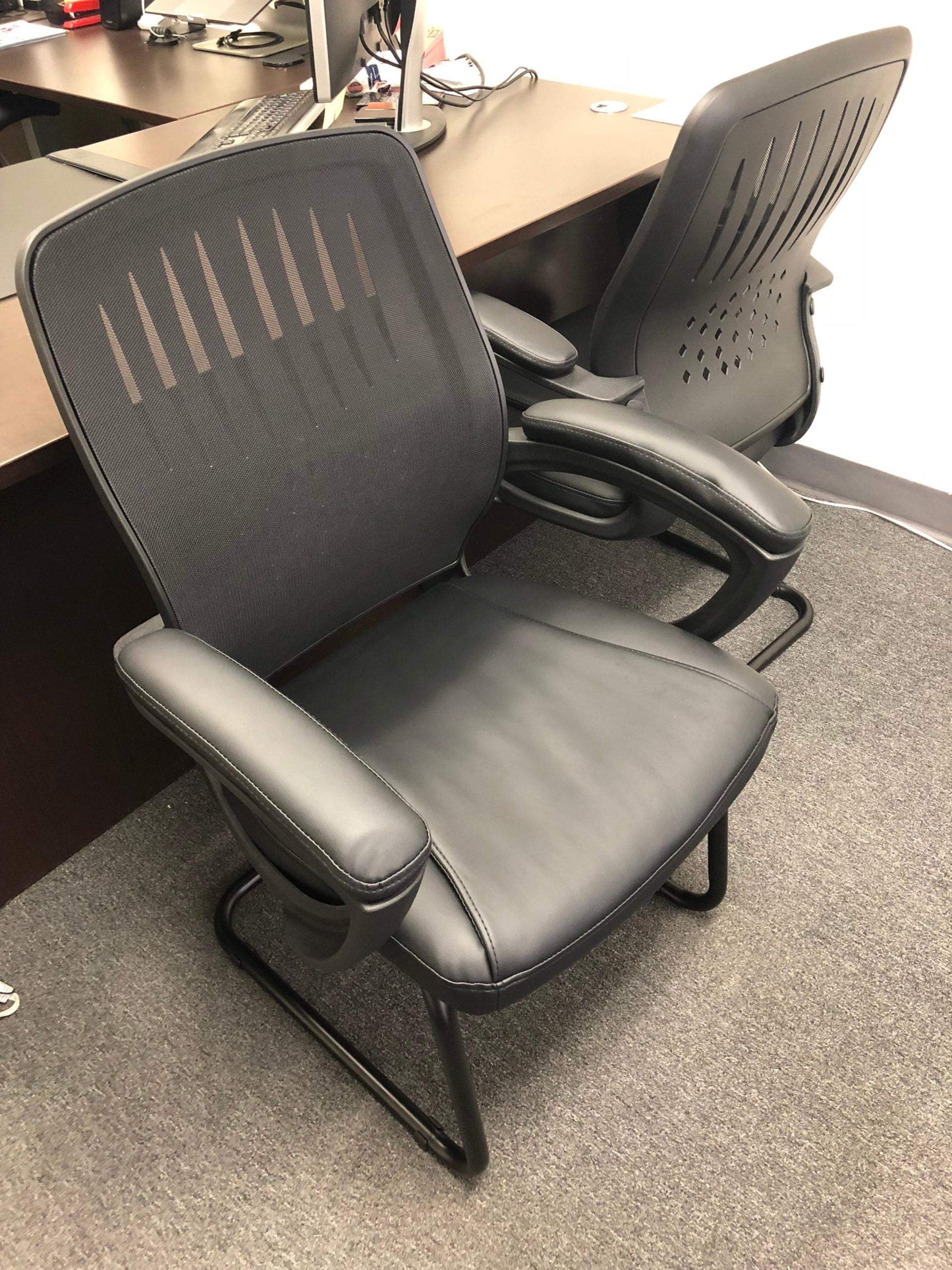 NEW Black Mesh Back Designer Contour Guest Chair with Leather Seat and Arms by Office Star
