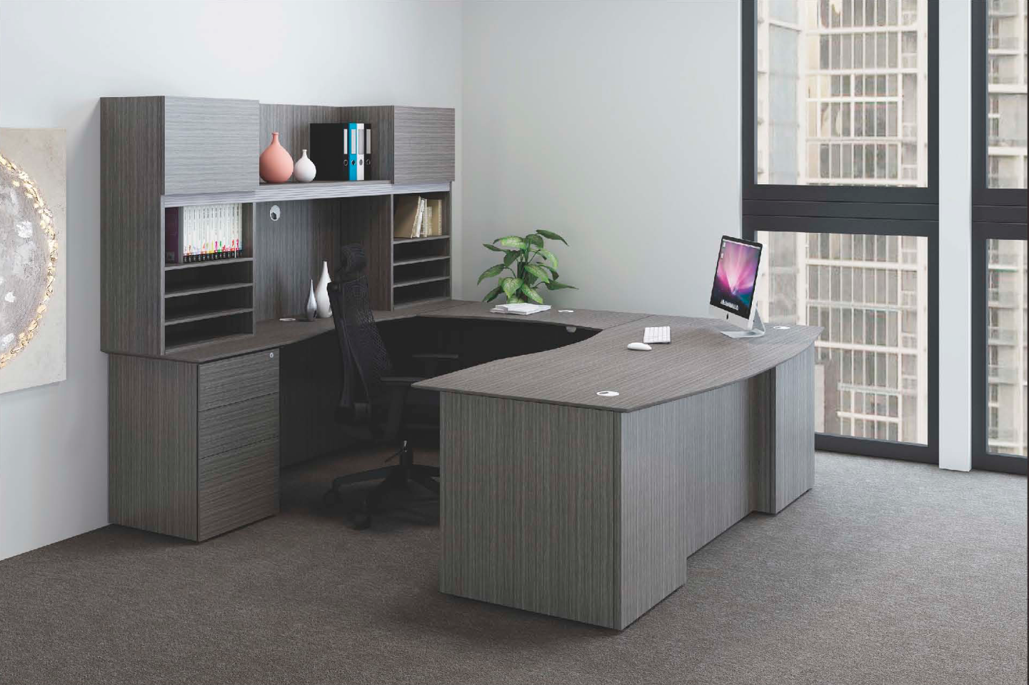 New Driftwood Series Bowfront U-Shape Desk with Hutch by BOSS